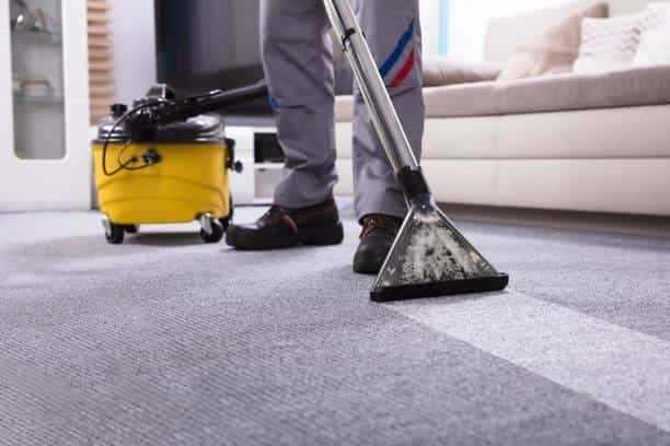 A professional cleaning service team using eco-friendly products to clean a living room with a vacuum cleaner and mop.