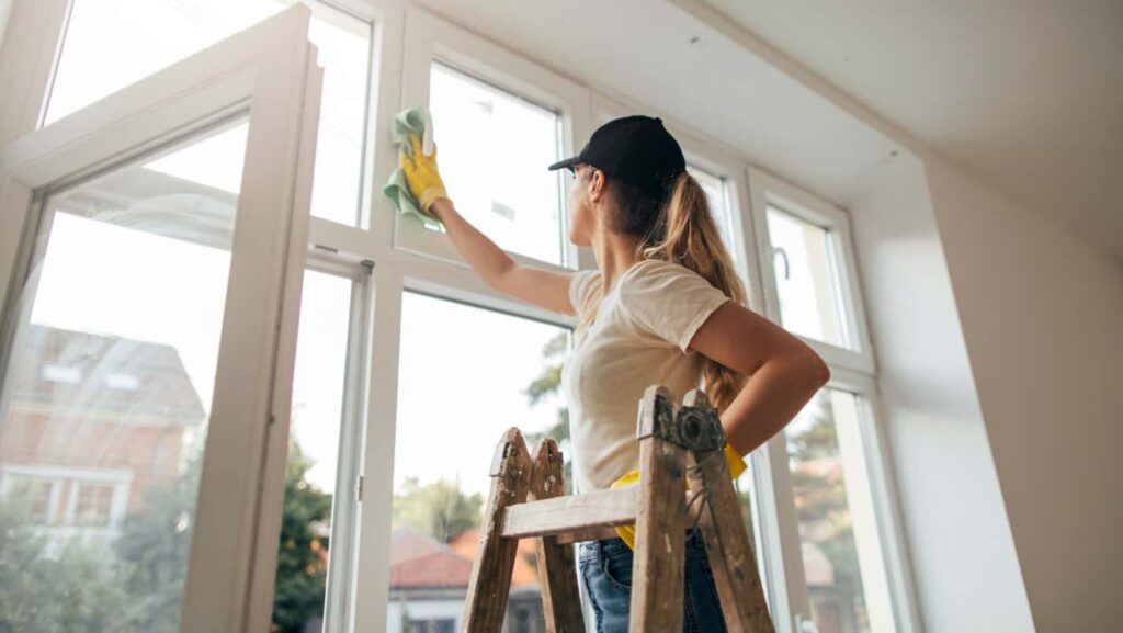 A woman wipes down windows with a green cloth.