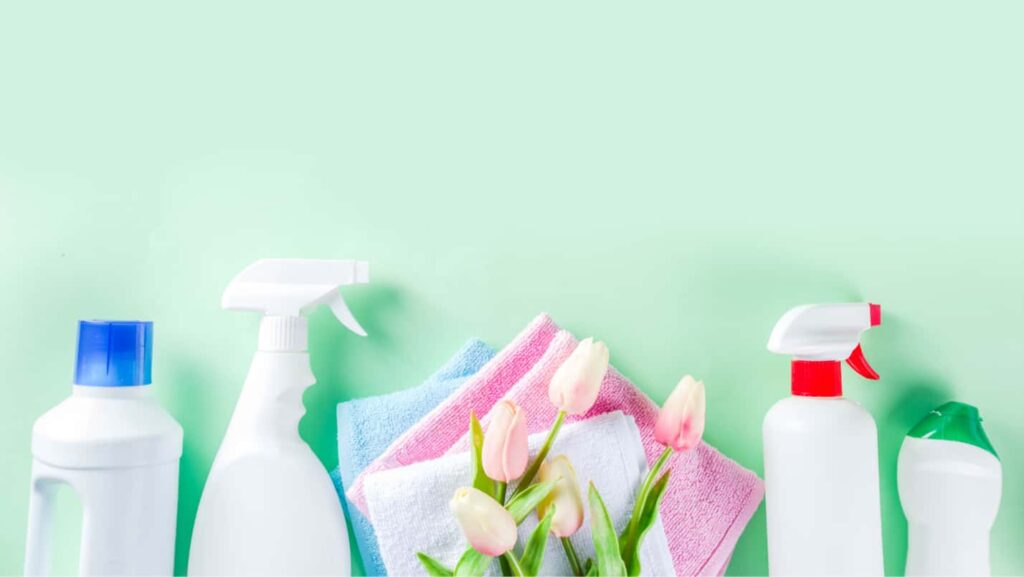 Various cleaning tools are lined up and in the middle of the line, there are flowers.