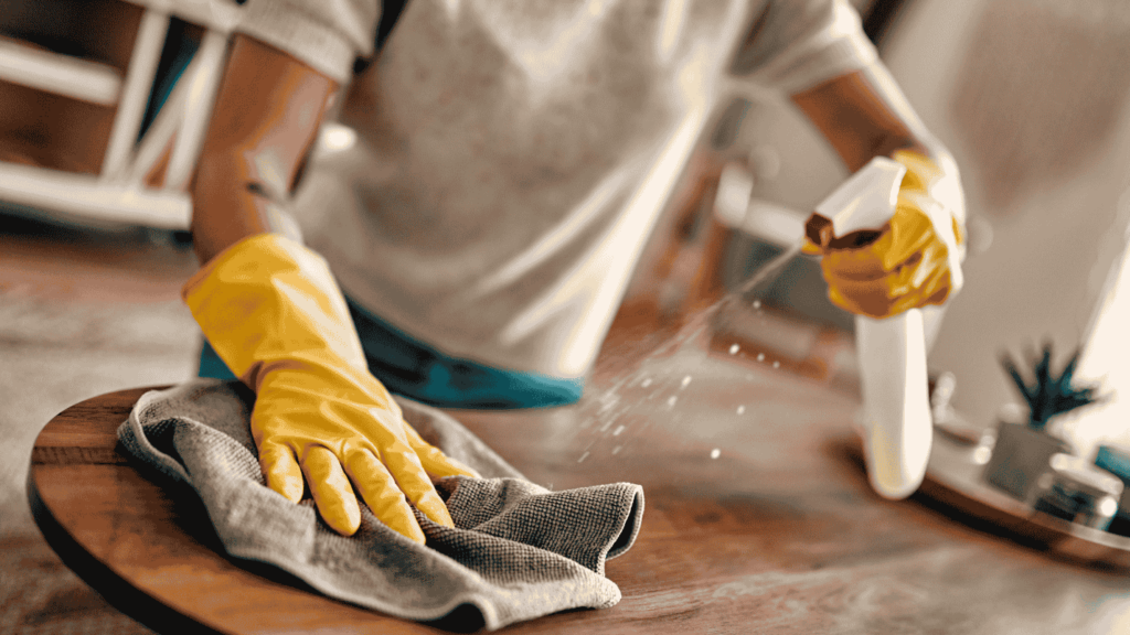 A person wearing rubber gloves uses a rag and spray to clean a table.